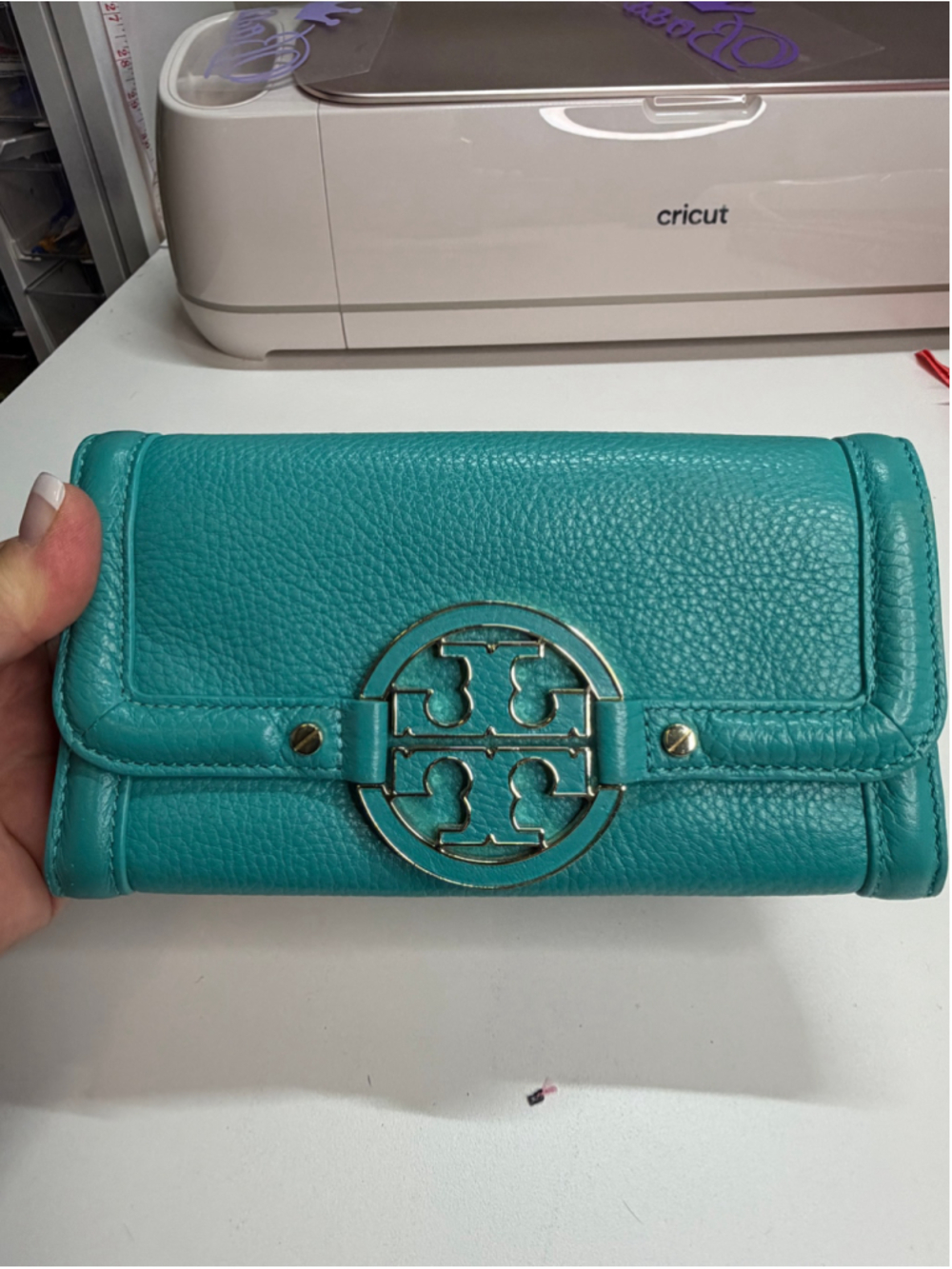 Women's Tory Burch Wallet One Size Teal Gold Logo Leather